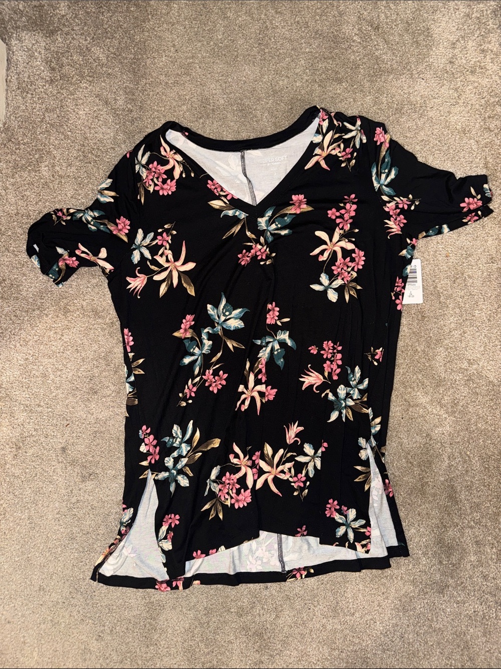 torrid Black Floral V-Neck Short Sleeve Top with Pink & Teal Accents